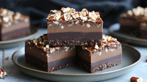 Three layers of chocolate dessert topped with nuts on a plate.