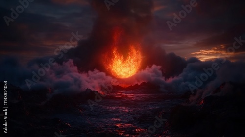 Fiery Orb Emerging from Volcanic Cloudscape at Dusk