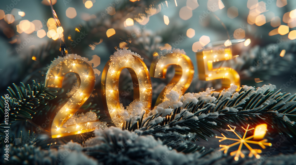 Elegant New Year 2025 glowing numbers surrounded by festive pine branches and soft snowflakes
Elegant New Year 2025 glowing numbers surrounded by festive pine branches and soft snowflakes