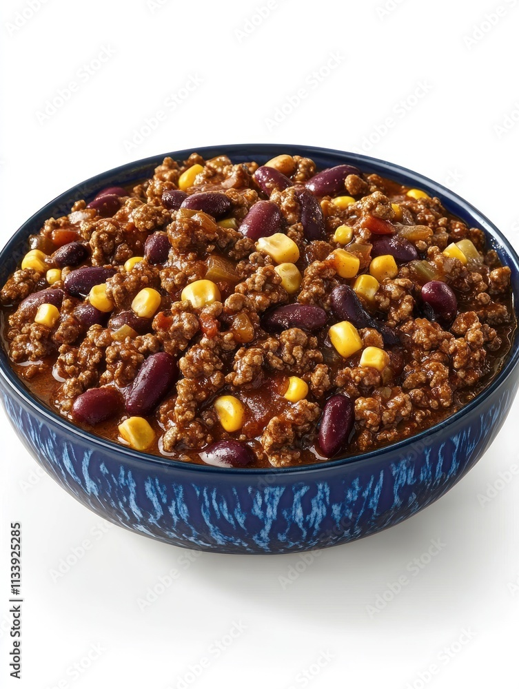 A bowl of hearty chili featuring ground meat, beans, corn, and spices. A bowl of hearty chili featuring ground meat, beans, corn, and spices.