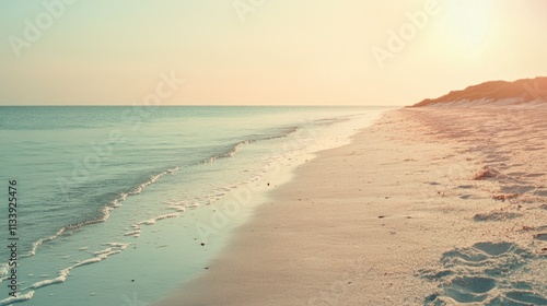 A film photograph of an empty beach at sunrise, the horizon glowing with muted pastel hues, and the soft texture of film adding a dreamy, timeless quality.