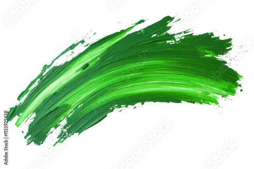 A bold and vibrant green paint stroke is featured on a clear background, highlighting an artistic expression. The brushwork displays a dynamic flow, perfect for use in design, advertising, or artistic photo