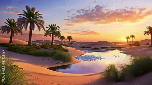 Wallpaper Mural A desert oasis with palm trees, a calm pool of water, and a beautiful sunset Torontodigital.ca