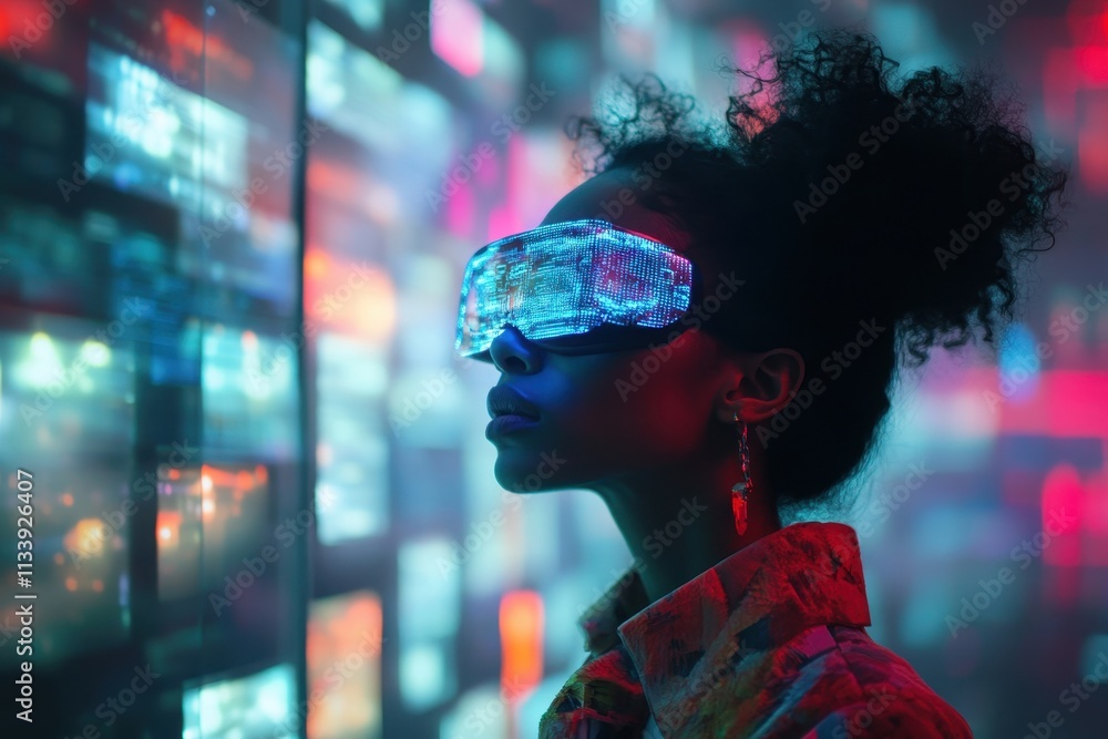 Advanced VR Technology Concept Model with Futuristic Design and Colorful Digital Screen Background Advanced VR Technology Concept Model with Futuristic Design and Colorful Digital Screen Background
