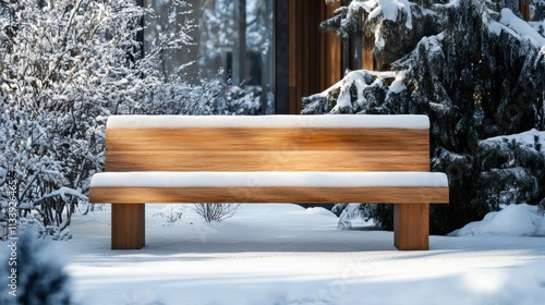 A smooth winter texture of snow lightly dusting a wooden bench, blending natural and human elements photo