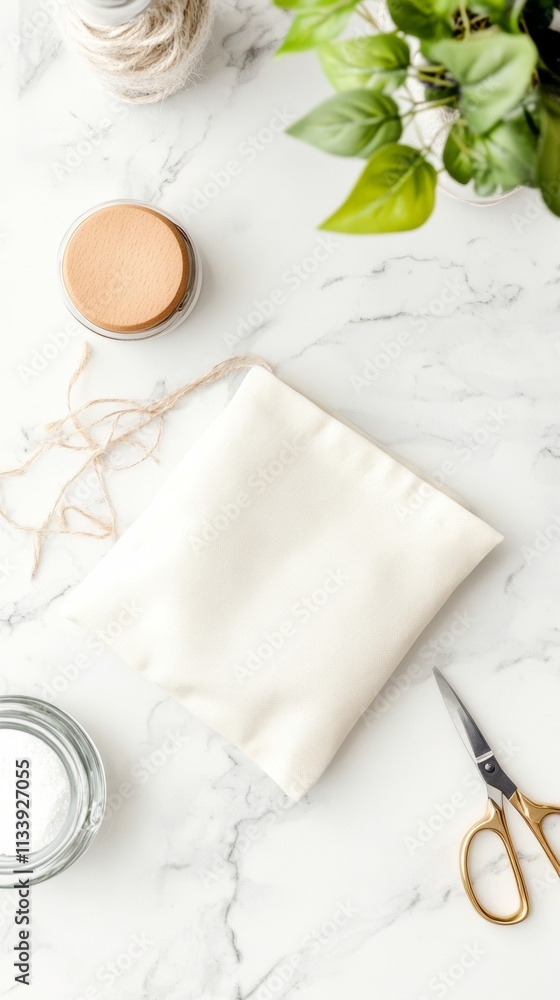 White cotton drawstring bag with twine, scissors and a jar of salt on a marble surface. White cotton drawstring bag with twine, scissors and a jar of salt on a marble surface.