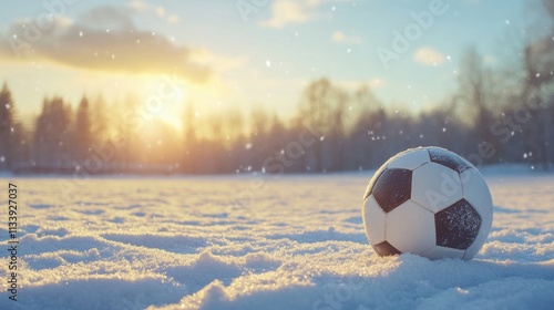 A soccer ball sitting on a snow-covered field, representing a winter sports theme