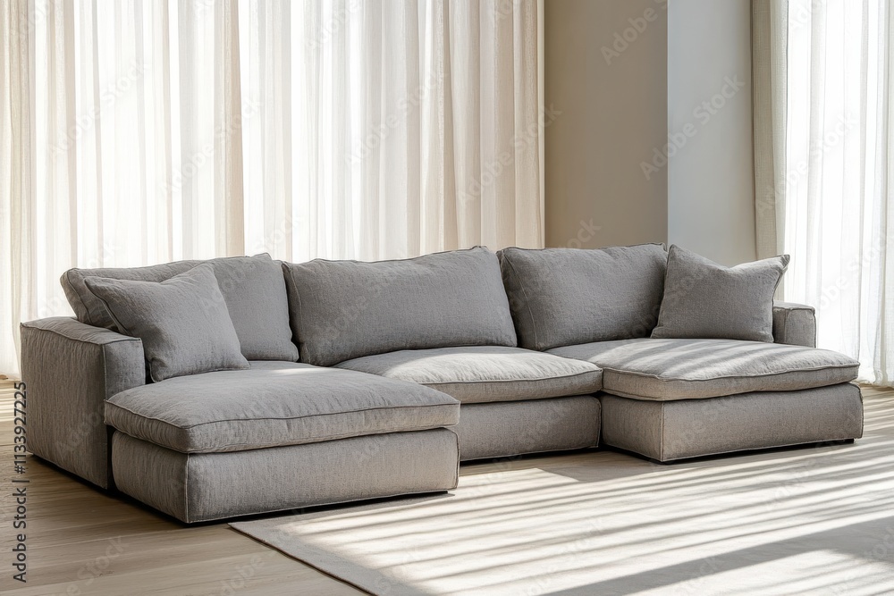 Minimalist Living Room Featuring a Stylish Sectional Sofa Bathed in Warm Sunlight Streaming Through Sheer Curtains Over Light Wooden Floor Minimalist Living Room Featuring a Stylish Sectional Sofa Bathed in Warm Sunlight Streaming Through Sheer Curtains Over Light Wooden Floor