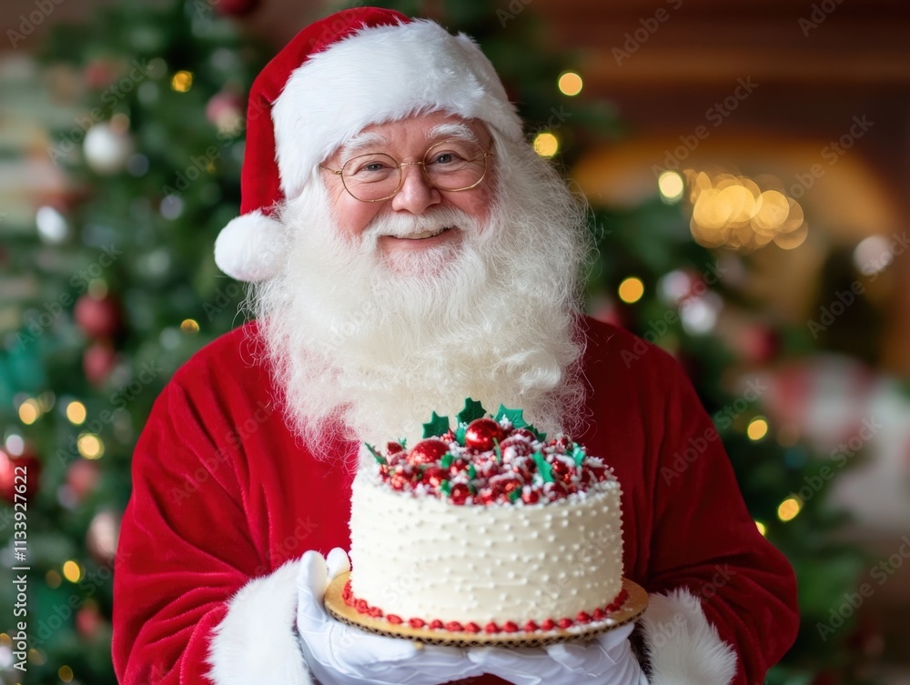 jolly figure holding a festive cake in a holiday setting jolly figure holding a festive cake in a holiday setting