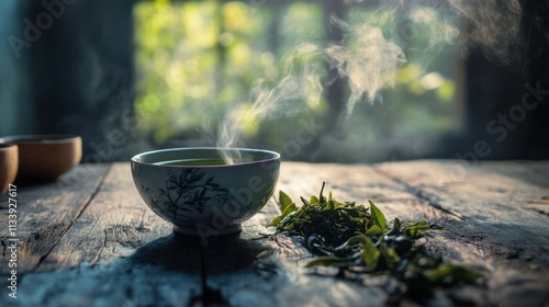 A steaming cup of green tea on a rustic wooden table, fresh tea leaves and a soft-focus natural backdrop creating a refreshing vibe photo