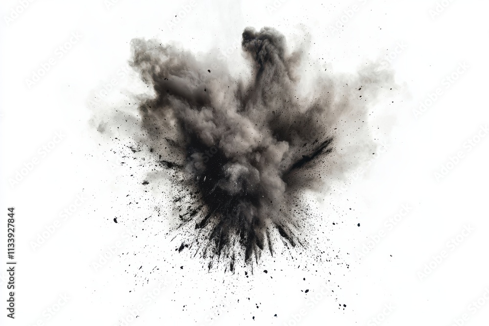 Dramatic Black Smoke Explosion Against a White Background Capturing Raw Energy and Chaos Dramatic Black Smoke Explosion Against a White Background Capturing Raw Energy and Chaos