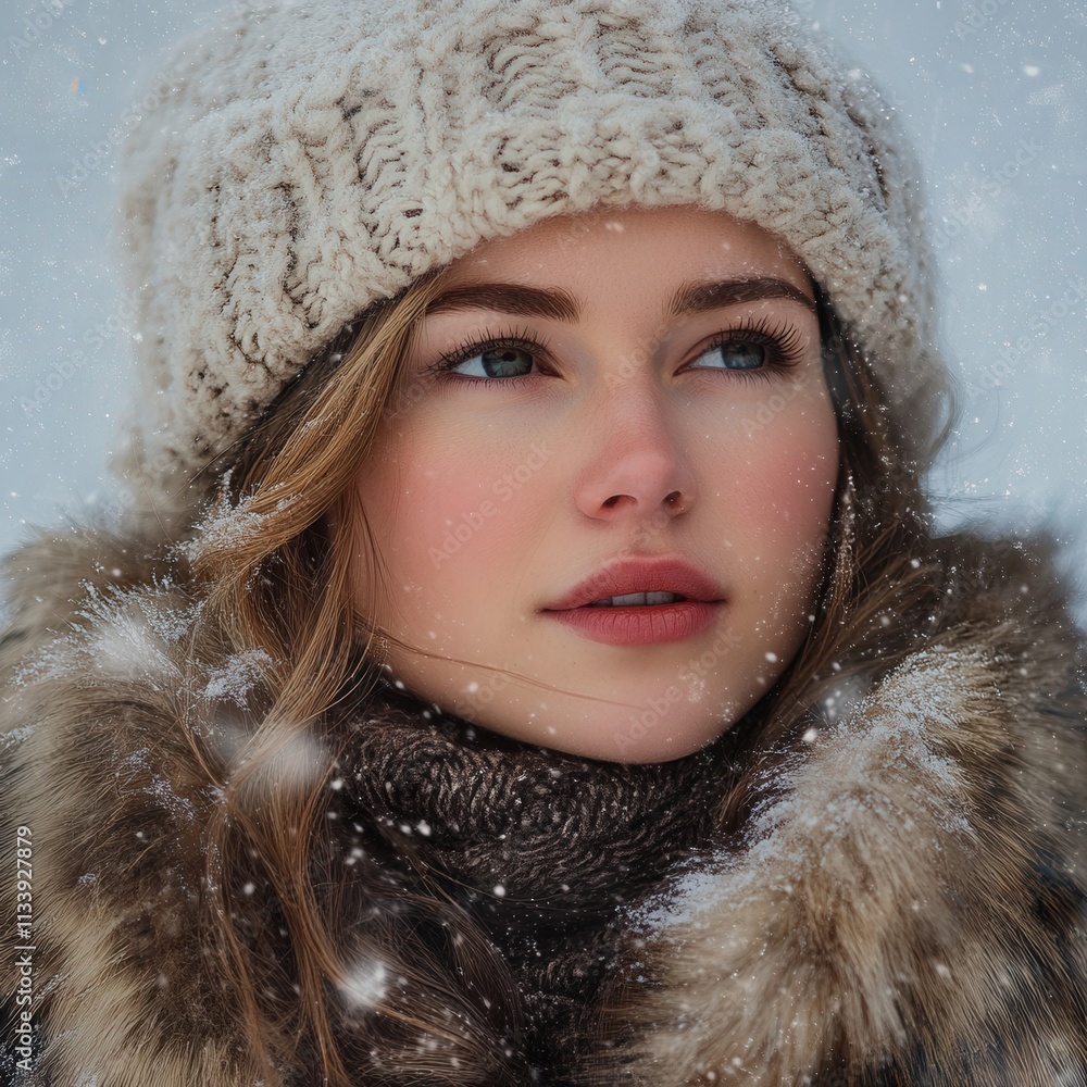 portrait of a woman in winter attire with snowflakes portrait of a woman in winter attire with snowflakes