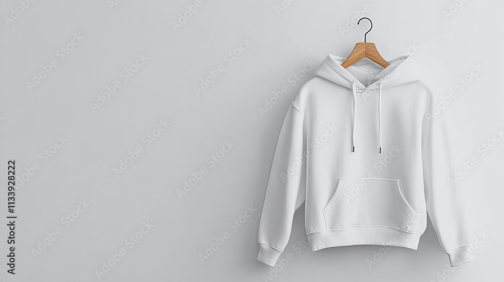 A blank white hoodie hanging neatly on a wooden hanger against a plain, light-colored wall. A blank white hoodie hanging neatly on a wooden hanger against a plain, light-colored wall.