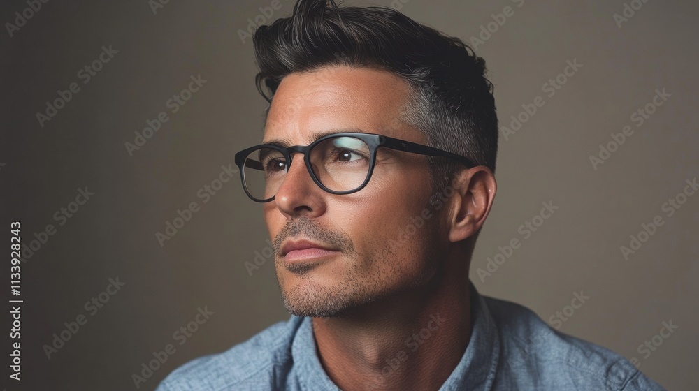 Fototapeta premium A stylish man with glasses and a sleek haircut, wearing a button-up shirt, set against a warm gray background