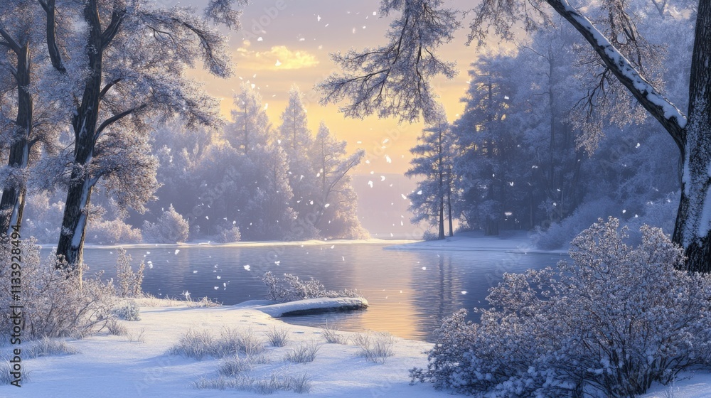 serene winter landscape with snow and calm water serene winter landscape with snow and calm water