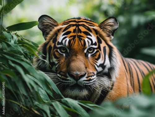 majestic tiger resting in lush greenery