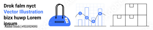 Handbag with tag, data graph with points and lines, and stack of boxes. Ideal for logistics, e-commerce, inventory management, market analysis, business statistics retail setup. Landing page