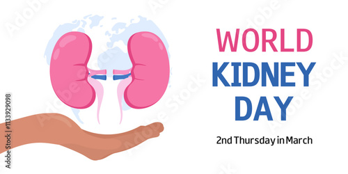 World Kidney Day concept medical background, poster, banner. 2nd Thursday in March. Vector illustration of kidney, woman hand, text, world map silhouette. 