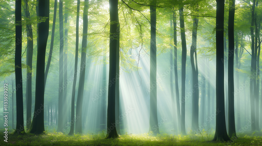 a dense forest with sunlight streaming through the canopy a dense forest with sunlight streaming through the canopy