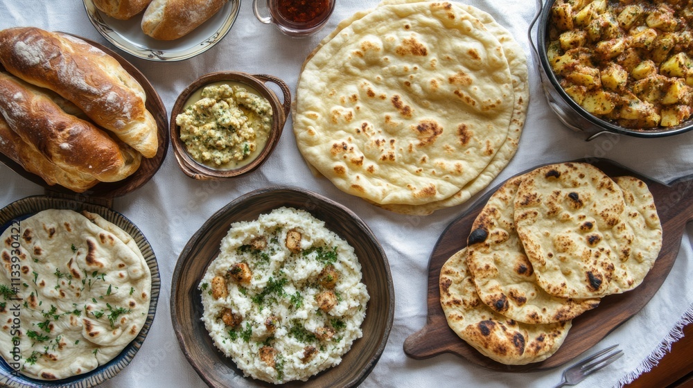 A traditional spread of breads, including challah, naan, and ciabatta, arranged on a linen cloth with a rustic kitchen vibe A traditional spread of breads, including challah, naan, and ciabatta, arranged on a linen cloth with a rustic kitchen vibe