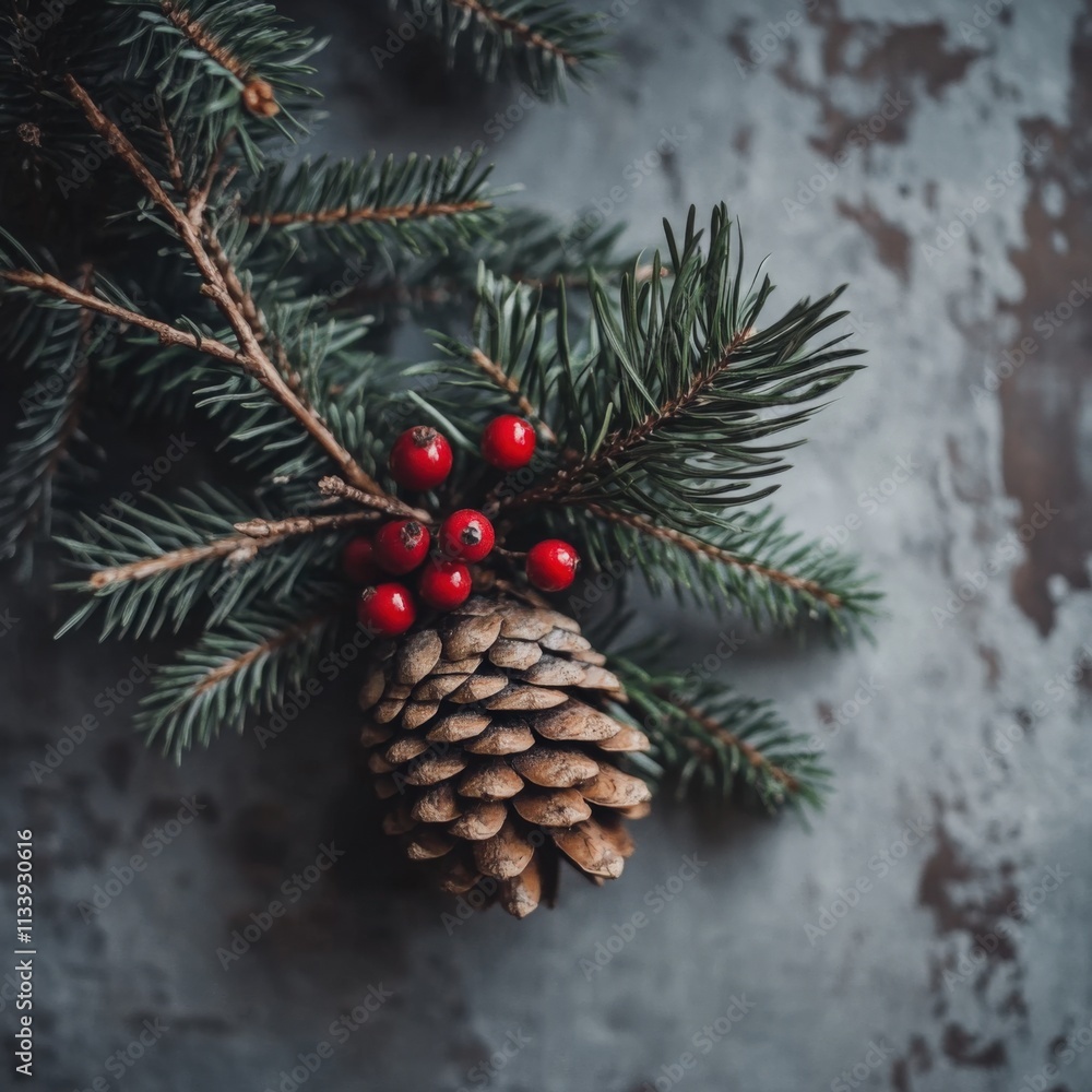 pinecone and berries on rustic background pinecone and berries on rustic background