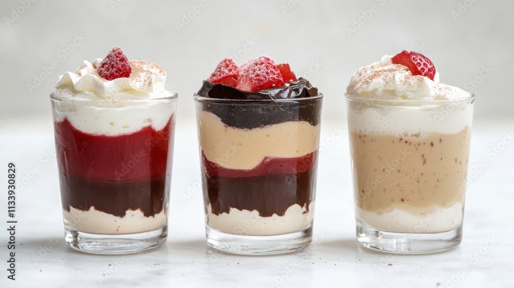 A trio of milkshakes in clear glasses showcasing layers of chocolate fudge, strawberry syrup, and vanilla cream A trio of milkshakes in clear glasses showcasing layers of chocolate fudge, strawberry syrup, and vanilla cream