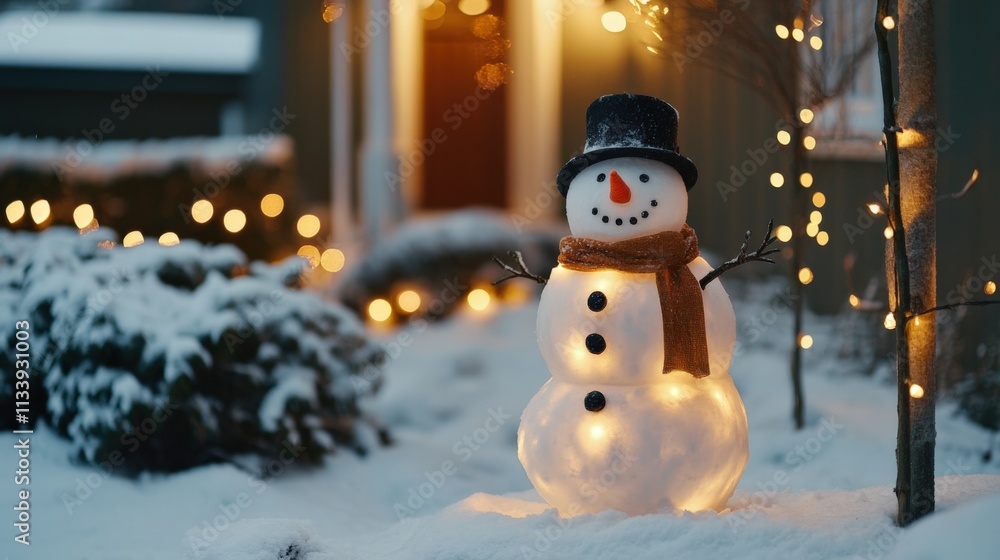 Obraz premium festive snowman with lights in winter landscape