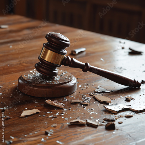 A broken gavel on a table, representing corruption, failed justice, or the downfall of legal systems