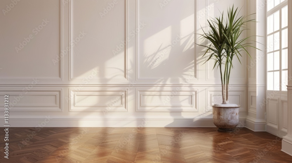 an empty grand living room with plastered white walls and traditional wainscoting, beautifully aged walnut wood floors