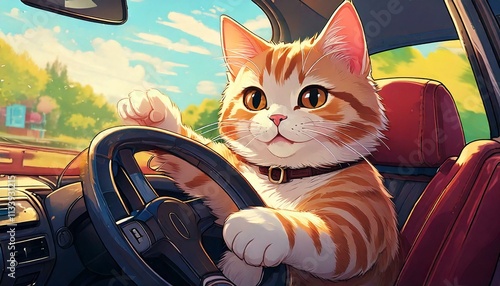 車を運転し道を譲られてお礼の手をあげる猫 photo