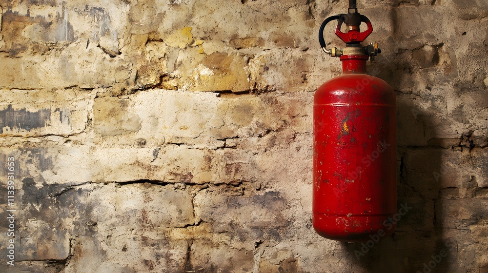 Red fire extinguisher on a weathered brick wall Red fire extinguisher on a weathered brick wall