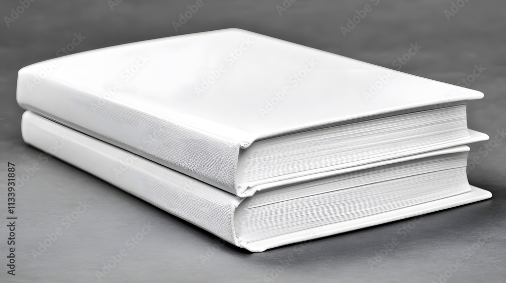 Two blank white hardcover books stacked on a gray surface. Two blank white hardcover books stacked on a gray surface.