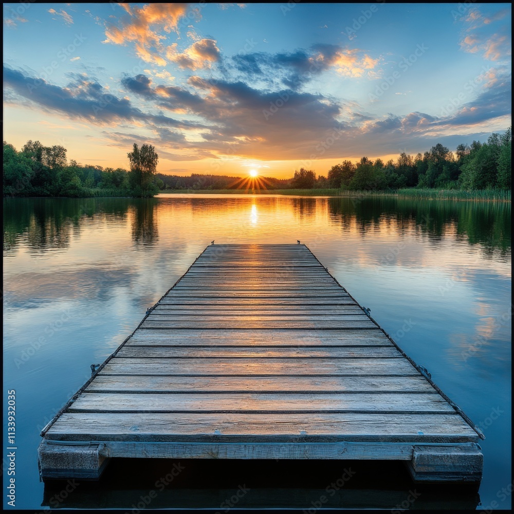 serene sunset over calm lake with wooden dock serene sunset over calm lake with wooden dock