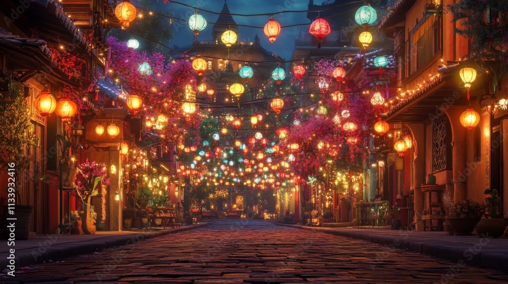 A Cobblestone Street Adorned with Vibrant Lanterns in a Festive Asian City A Cobblestone Street Adorned with Vibrant Lanterns in a Festive Asian City