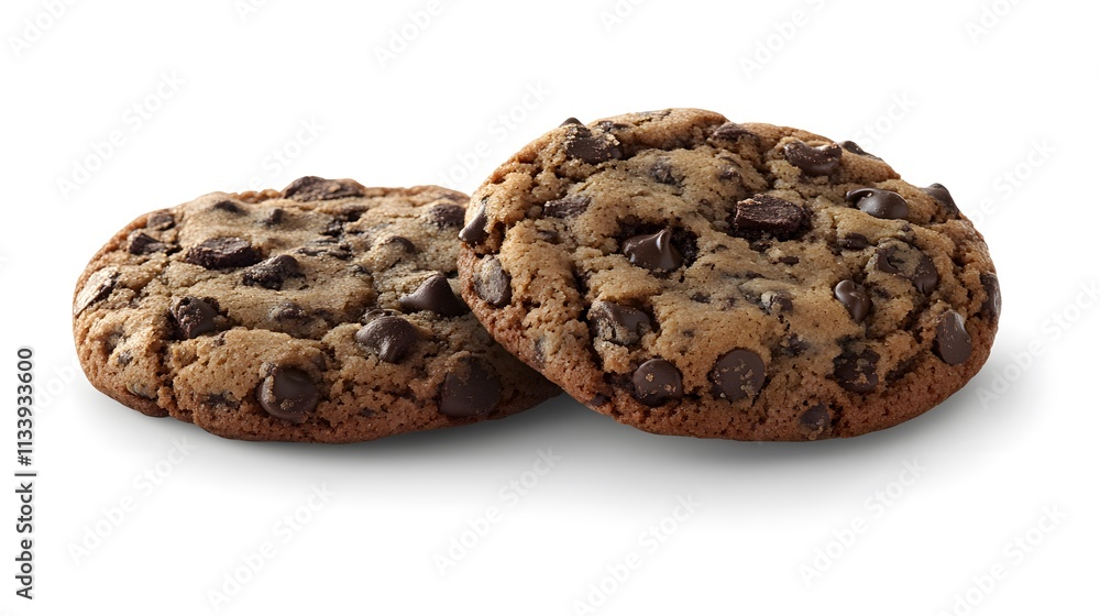 Two delicious chocolate chip cookies, freshly baked, isolated on white. Two delicious chocolate chip cookies, freshly baked, isolated on white.