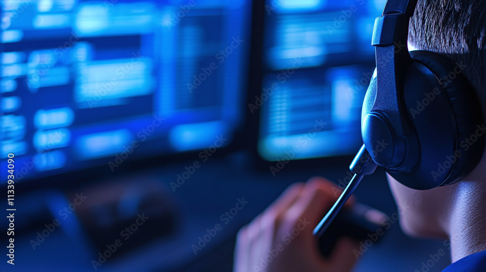 A close-up of a call center agent’s hand on the headset, with computer screens in the background, emphasizing the connection between technology and communication. A close-up of a call center agent’s hand on the headset, with computer screens in the background, emphasizing the connection between technology and communication.