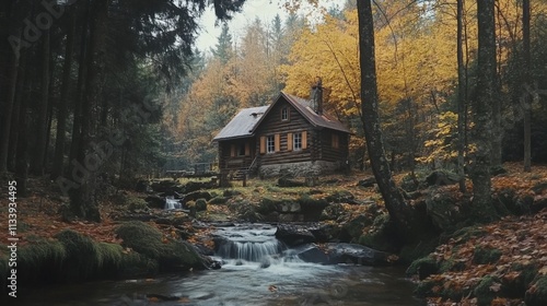 cozy cabin in the woods by a stream during autumn