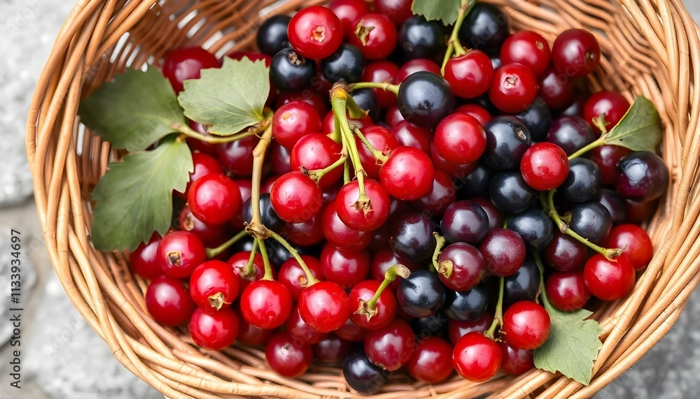 Ripe red currants in a wicker basket on grey stone background Ripe red currants in a wicker basket on grey stone background