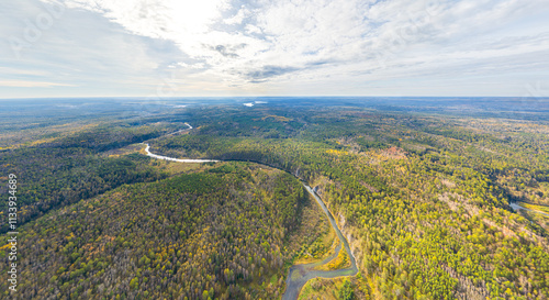 Bazhukovo, Russia. Autumn landscape. Serga River. Deer streams. Nature park in a wooded area, famous for its rich flora. Aerial view photo