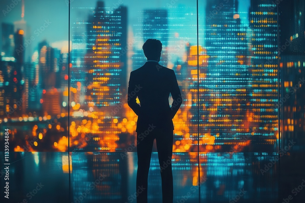 A business professional stands against a glass window, gazing at an illuminated city skyline filled with vibrant lights. The bustling urban scene showcases a mix of modern skyscrapers and colorful cit A business professional stands against a glass window, gazing at an illuminated city skyline filled with vibrant lights. The bustling urban scene showcases a mix of modern skyscrapers and colorful cit