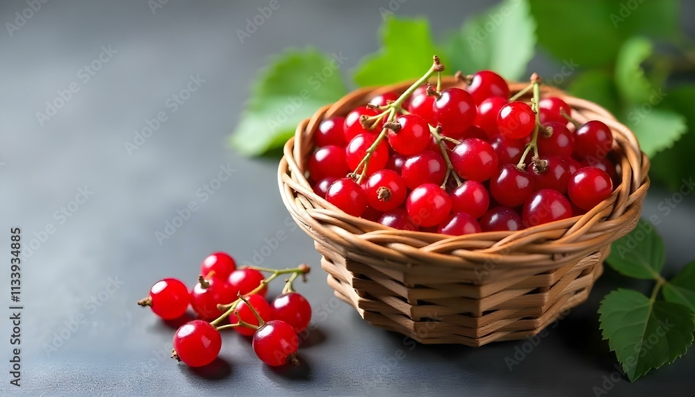 Ripe red currants in a wicker basket on grey stone background Ripe red currants in a wicker basket on grey stone background