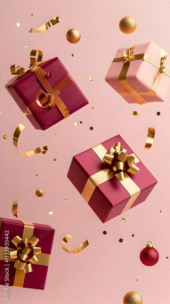 Floating gifts with bows and confetti on pink background. Floating gifts with bows and confetti on pink background.