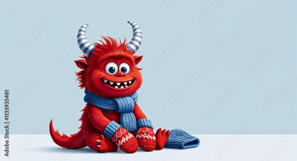 Baby red monster with a scarf and mittens in plain white background Baby red monster with a scarf and mittens in plain white background