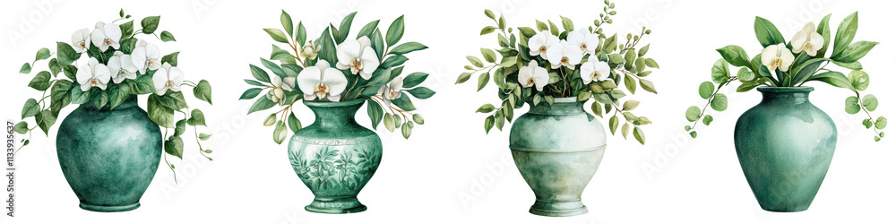 Elegant and ornate antique metal vase filled with a beautiful floral arrangement of white orchids and lush green ivy leaves creating a tranquil and captivating still life composition Elegant and ornate antique metal vase filled with a beautiful floral arrangement of white orchids and lush green ivy leaves creating a tranquil and captivating still life composition