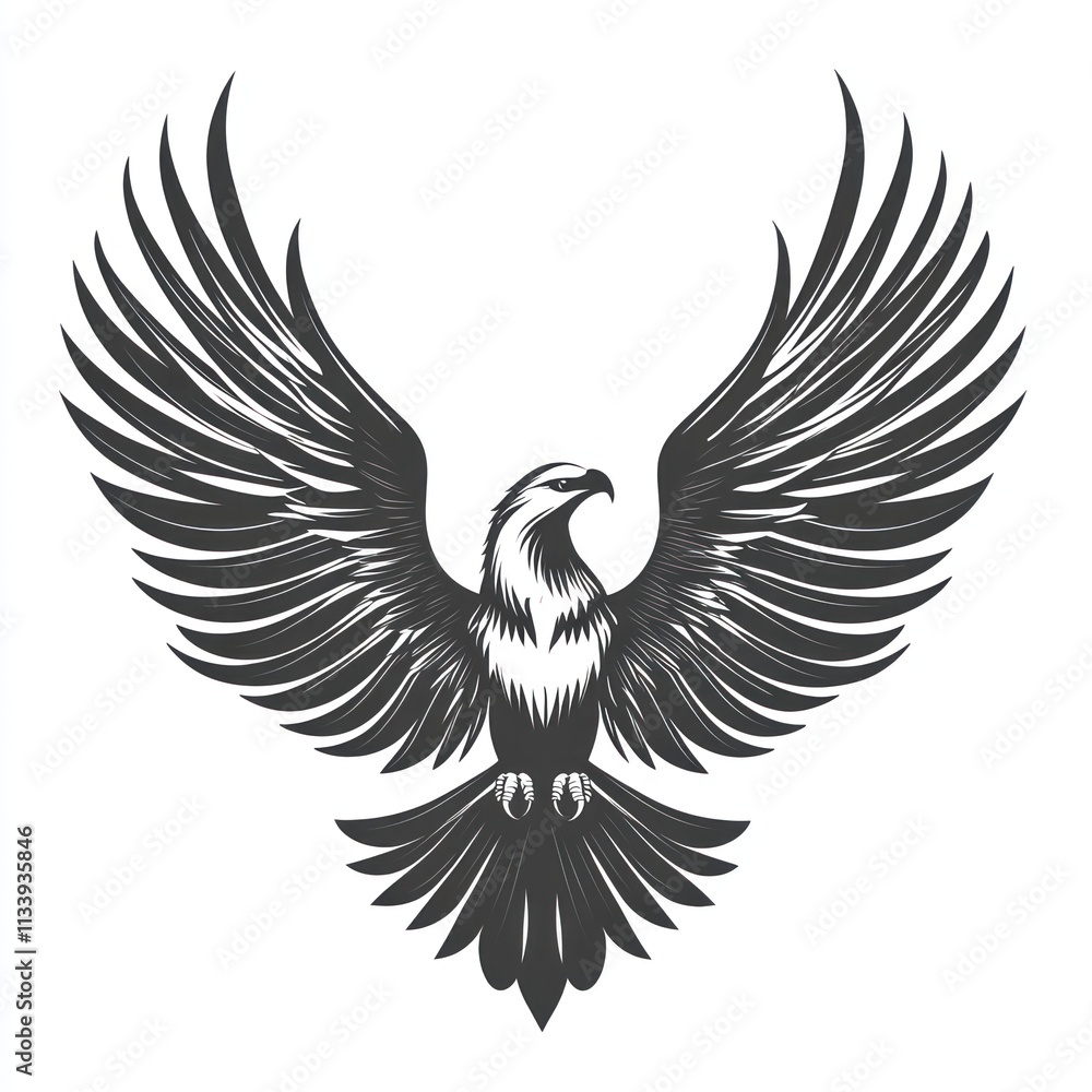Obraz premium Majestic eagle with wings spread wide, detailed monochrome illustration.
