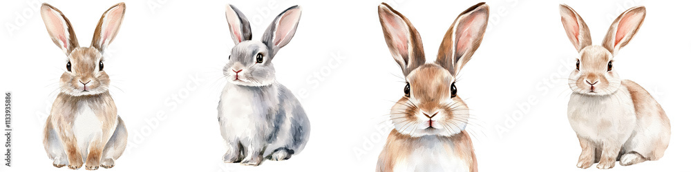 Obraz premium Adorable Watercolor Bunny Rabbits Clipart Elements in Various Poses Cute fluffy hares in different sitting jumping and profile views Ideal for nature wildlife pet and animal graphic and icon sets
