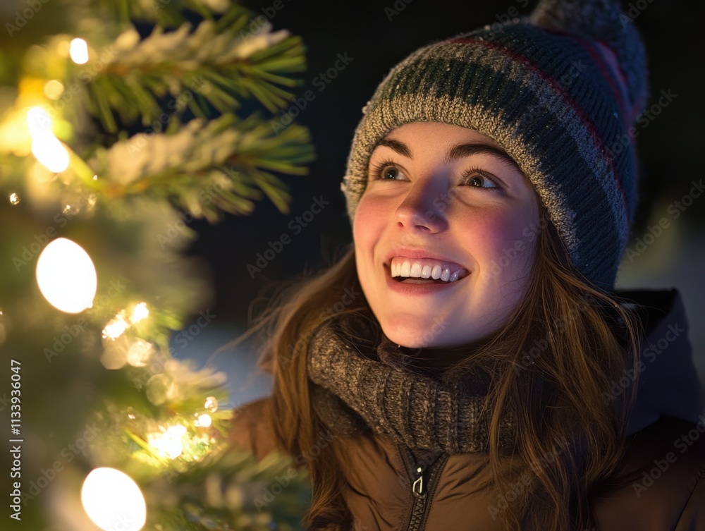 smiling person enjoying holiday lights in winter smiling person enjoying holiday lights in winter
