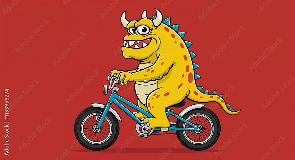 Chunky yellow monster riding a tiny bike in plain red background Chunky yellow monster riding a tiny bike in plain red background
