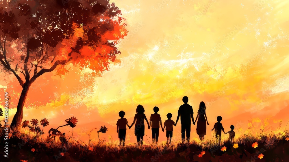 Silhouetted family at sunset, symbolizing unity and love. Silhouetted family at sunset, symbolizing unity and love.