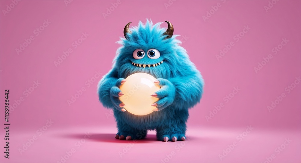 Fluffy cyan monster holding a glowing orb in plain fuchsia background Fluffy cyan monster holding a glowing orb in plain fuchsia background